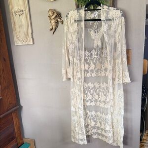Sheer Lace Long kimono- Cream Lace Women's